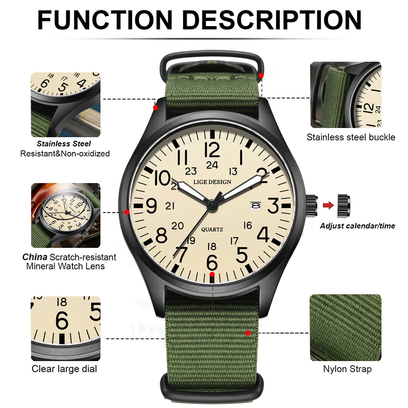 LIGE Waterproof Luminous Watches for Men Fashion Military Men Quartz Watch Top Brand Luxury Nylon Strap Sports Date Chronograph