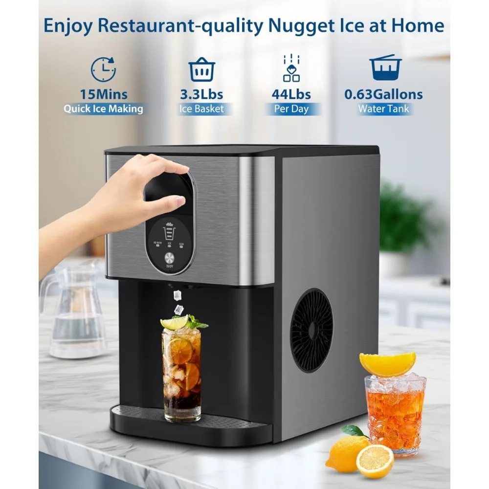 Nugget Ice Maker Dispenser, Self Dispensing Pellet Ice Maker, 44lbs/24H, 15mins Quick Make