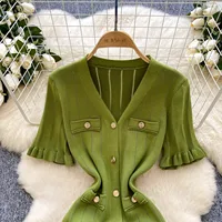 YuooMuoo Brand Fashion Vintage Knitted Long Dress Spring Summer Women Elegant V-neck Ruffled Bodycon Sweater Dress Party Vestido - Image 5
