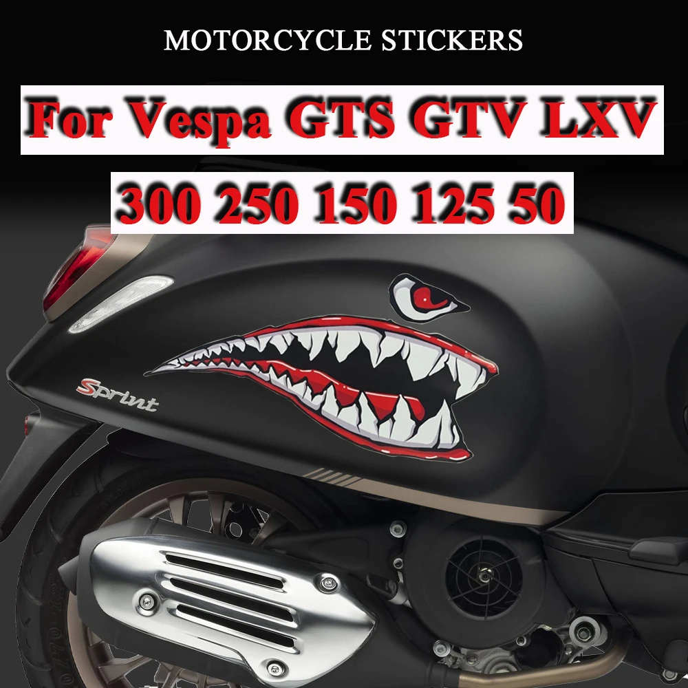 

1 Pair Shark Mouth Motorcycle Stickers Motorbike Side Body Decals For Vespa GTS GTV LXV LX 300 250 200 150 125 Sprint Primavera