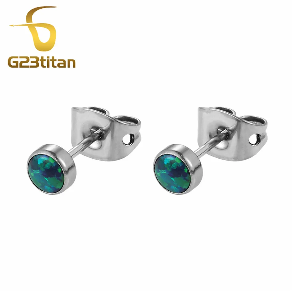 G23titan 저자 극성 귀걸이 G23 티타늄 귀 피어싱 스터드 그린 에메랄드 오팔 라운드 스톤 여성 액세서리 패션 쥬얼리