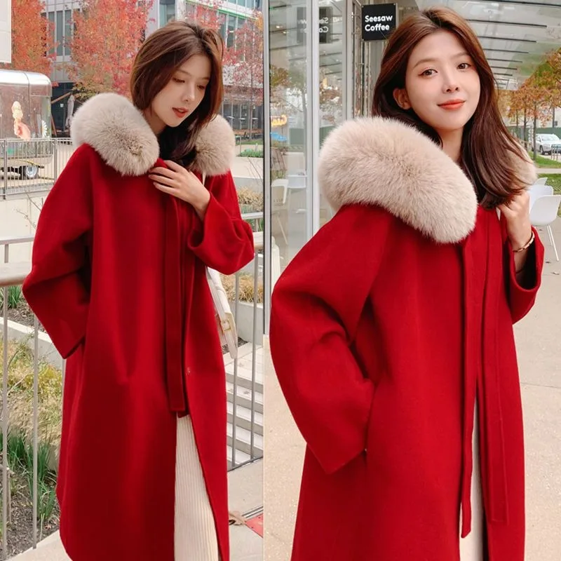 2023 Autumn Winter New Woolen Coat Thickened Cashmere Women Large Size Loose Hooded Large Hair Collar Medium Long Woolen Coat