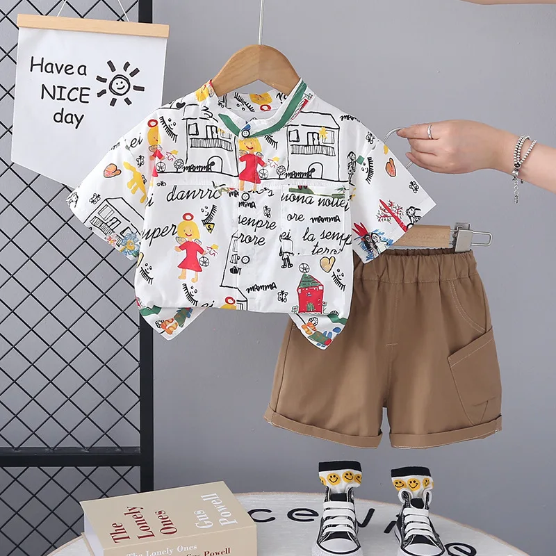 

Toddler Boy Summer Clothing Sets 2024 Leisure Graffiti Letter House Short Sleeve Shirts and Shorts Two Piece Set Kids Boys Suits
