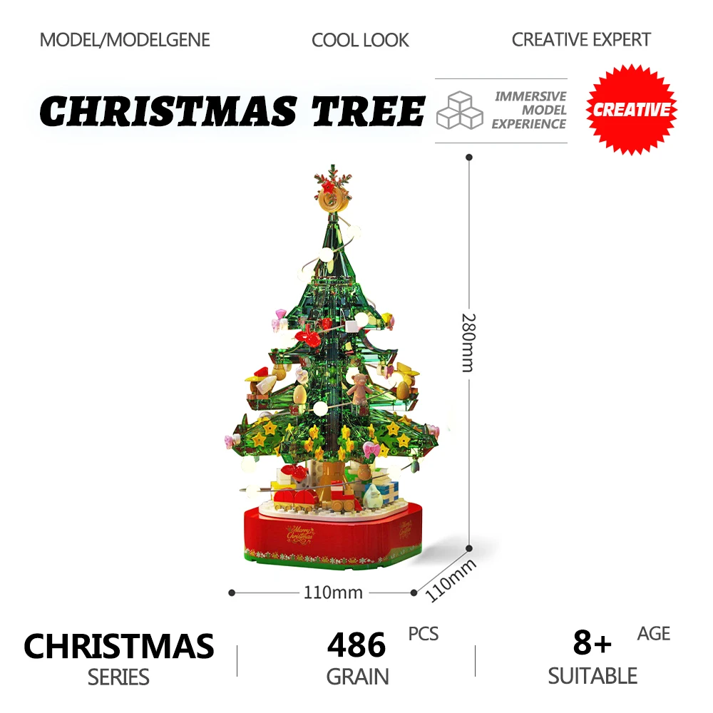 

Модель рождественской елки, вращающаяся Музыкальная шкатулка со светодиодсветильник кой, строительные блоки MOC, подарок на Рождество, набор «сделай сам», пластиковые сборные кирпичи, игрушки для детей
