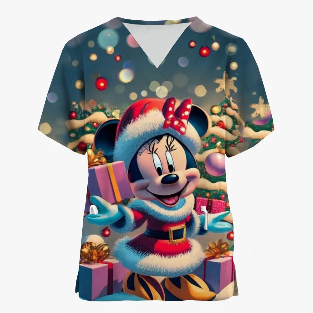thumbnail image 1 of Camiseta de enfermera de uniforme de mujer para trabajo de enfermería, camiseta de Disney Mickey Mouse con estampado navideño de feliz Navidad, manga corta, cuello en V, patrón divertido festivo, 1 of 5