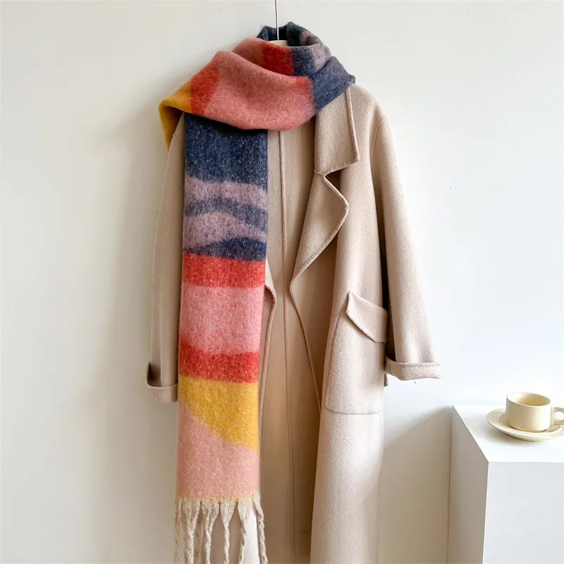 Winter Dicke Warme Schal für Frauen Kaschmir Schal und Wraps Pashmina Halstuch Bufanda Weibliche Regenbogen Haarigen Quaste Echarpe Neue – Detail 9