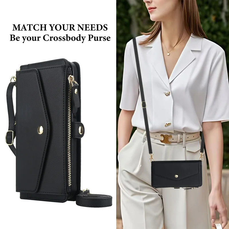 Elegant Leather Multi-Functional Wallet Phone Case with Lanyard Attachment