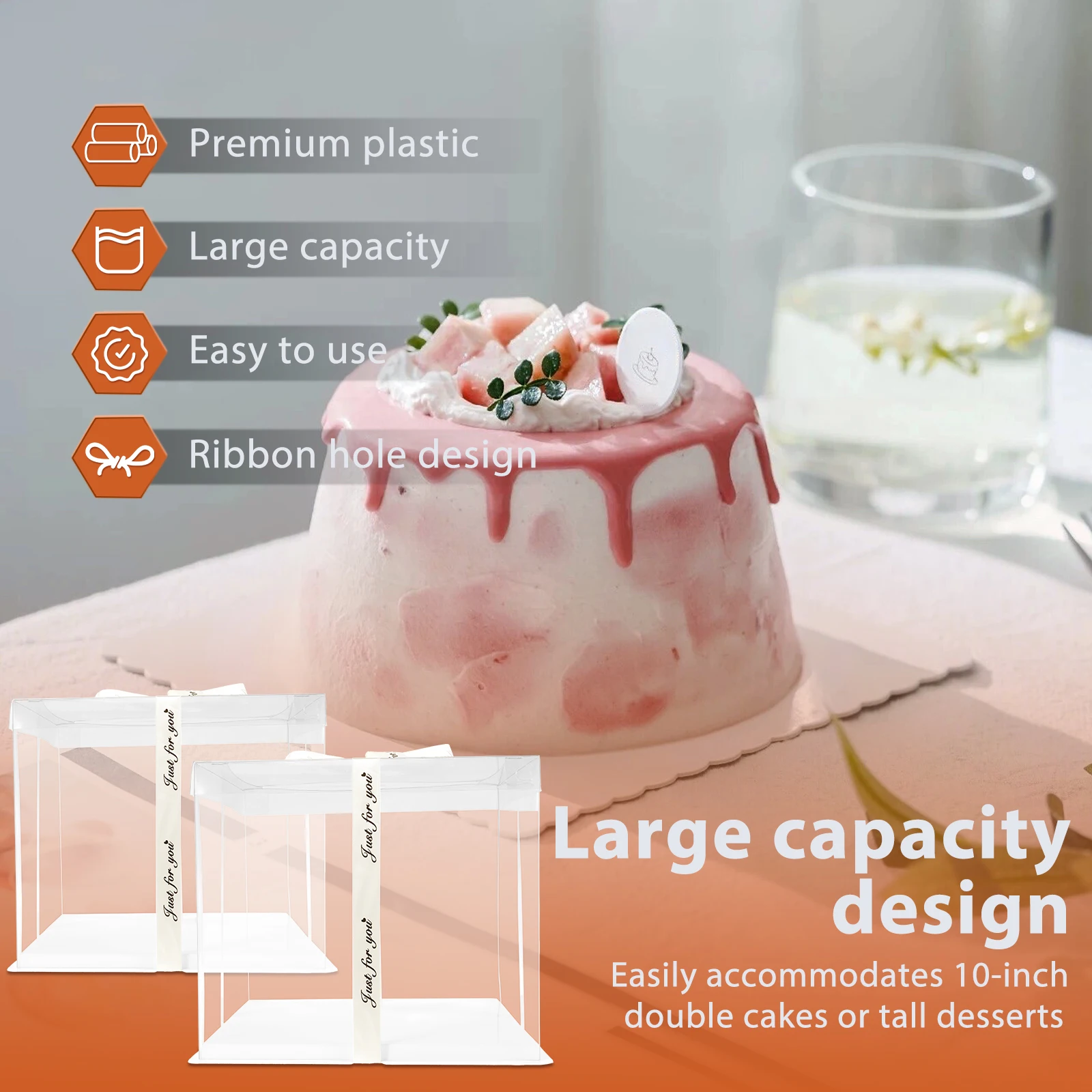 2Pcs Cake Packaging Boxes Wirh Ribbon 12in Transparent Cake Boxes with Base Clear Cake Carrier Transport Container Gift Boxes