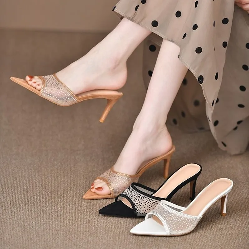 Women High-heeled Rhinestone Slippers Fashion Stiletto High Heels Slippers Flip Flops Woman Pointed Open Toe Slides Party Shoes