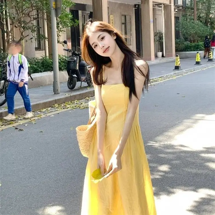 

Korea Sleeveless Dresses Women Backless Slash Neck Spring Summer Fashion Holiday Sweet Fairy Elegant Party Sexy Ladies