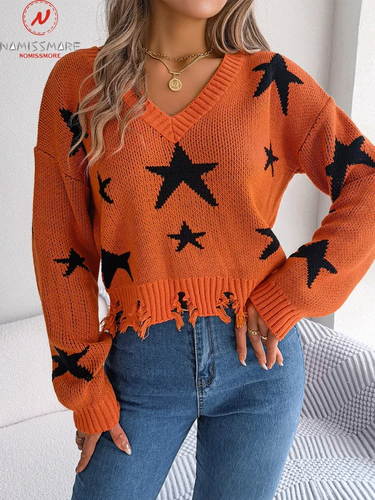 

Fashion Women Casual Loose Sweaters Color Contrast Tassel Decor V-Neck Long Sleeve Autumn Winter Pullovers Knitted Top