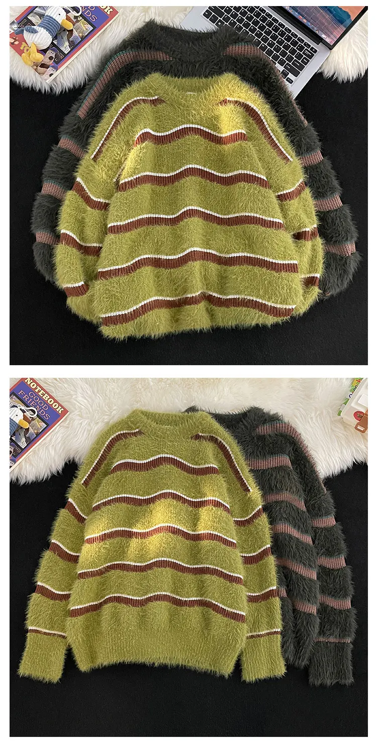 Description Picture 3 of item2024 Autumn Winter Men Fashion Warm Sweater Loose Tops Male Long Sleeve Striped Jumpers Mens Round Neck Knit Oversized Top S275