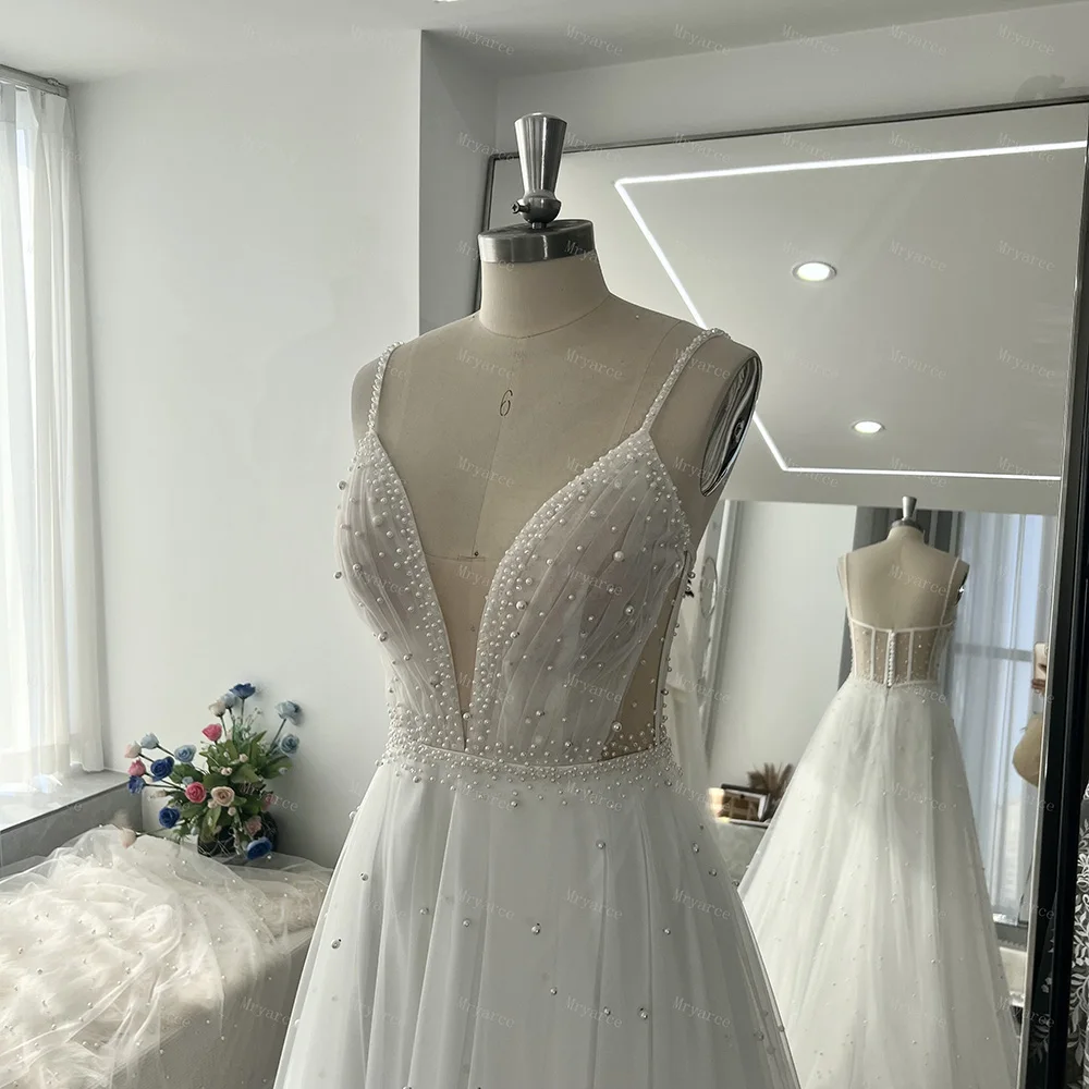 Mryarce Tüll-Brautkleid in A-Linie mit tiefem V-Ausschnitt und Perlen, Brautkleid mit Illusionsrücken – Detail 9