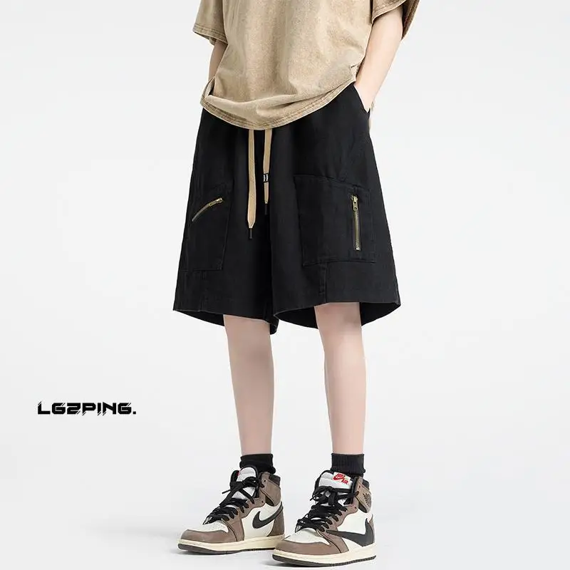 Functional Wind Men 2024 Summer High Street Explosive Street Casual Loose Straight Cylinder Solid Color Pocket Drawstring Shorts