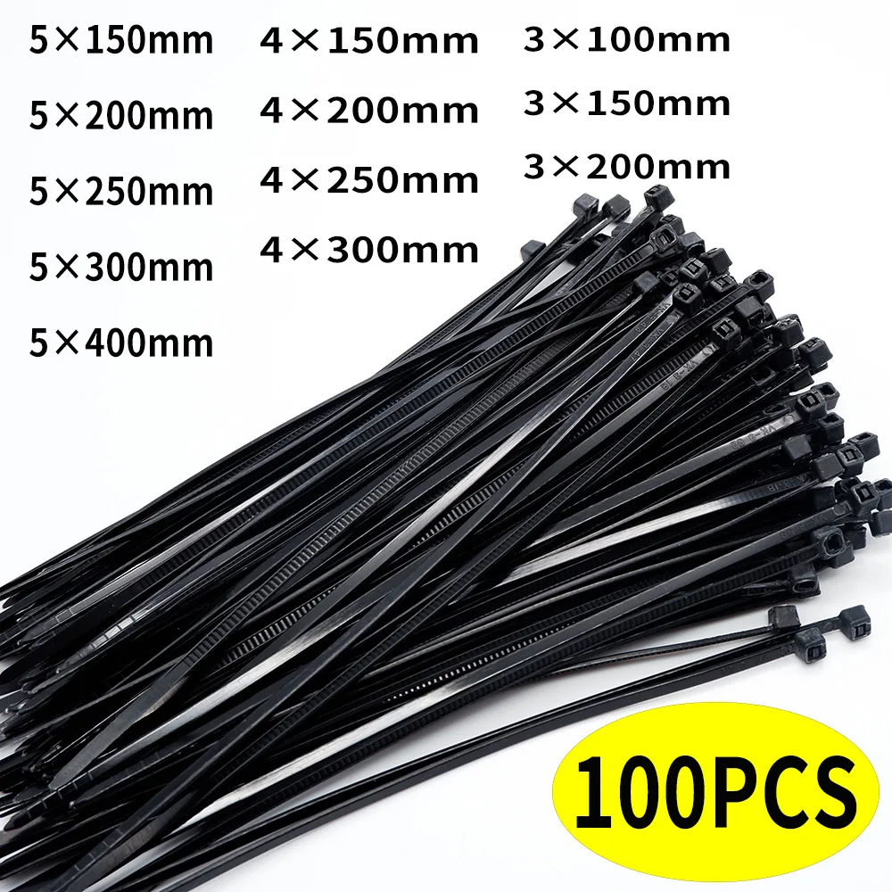 100Pcs/Bag Cable Ties Selflocking Plastic Fixing Straps Nylon Black