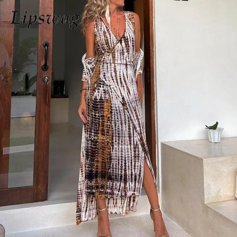 

Sexy Deep V-Neck Hollow Bohemian Long Dress Ladies Spring Pattern Print Split Party Dress Summer Sleeveless Irregular Maxi Dress