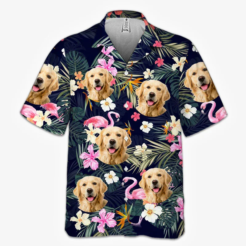 thumbnail image 1 of Camisa hawaiana con estampado 3D de cara de perro divertida para hombres, camisas florales de manga corta frescas de verano para mujeres, linda camisa hawaiana de playa para niños, 1 of 4