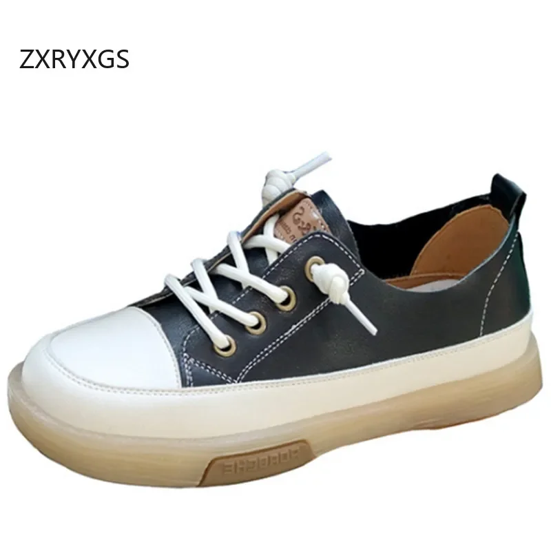 ZXRYXGS Top Layer Cowhide Lace Up Women Sneakers Flat Shoes Autumn Soft Soled Comfortable Versatile Casual Sneakers Shoes