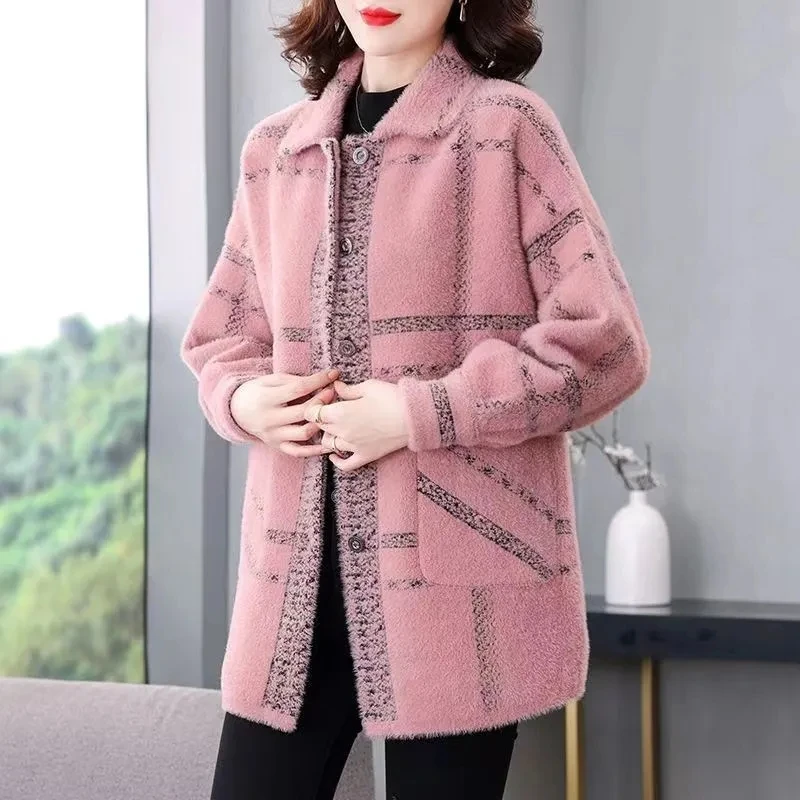 New Autumn Winter imitate Mink Velvet Coat Women Double-Sided Cashmere Long Plaid Sweater Cardigan Ladies Knitted Overcoat 5XL