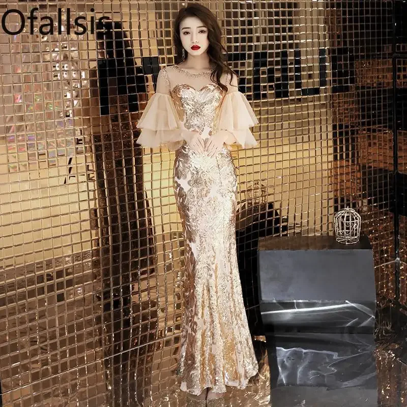 

Ofallsis Golden O neck Annual Party Evening Dress 2023 Ew Banquet High End Grand Luxury Celebrity Sexy Fishtail Host Dresses