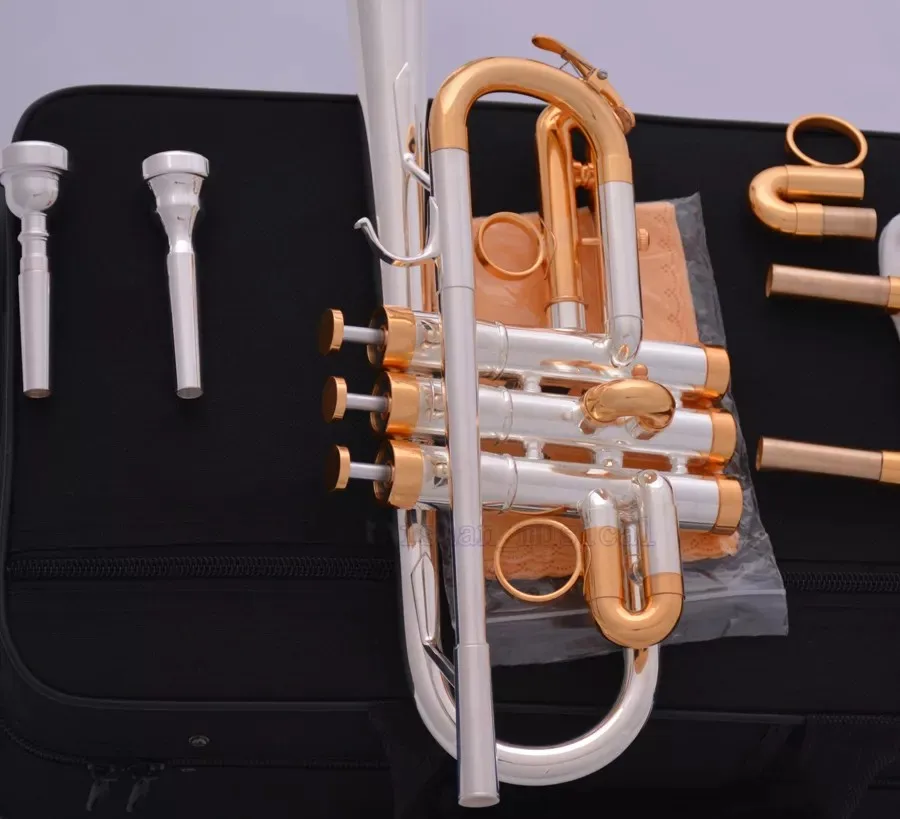 Professional Silver Gold Plated Eb/D Trumpet Horn Monel Valve 7C + 5C Mouthpiece