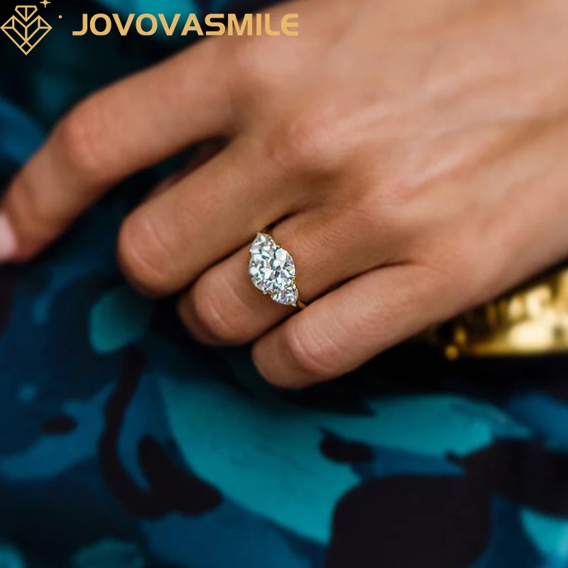 JOVOVASMILE  Moissanite Diamond Wedding Rings 3 Carat Center 9mm Old Euro Center 14k Yellow Gold Two Trillion Women Jewelry Gift