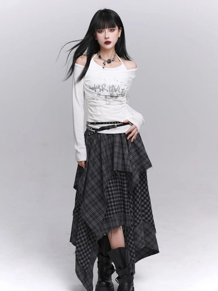 Y2k Harajuku Vintage Skirts High Waist Plaid Patchwork Irregular Spicy Girl Long Skirt Streetwear Design 2025 Women's Clothing 2