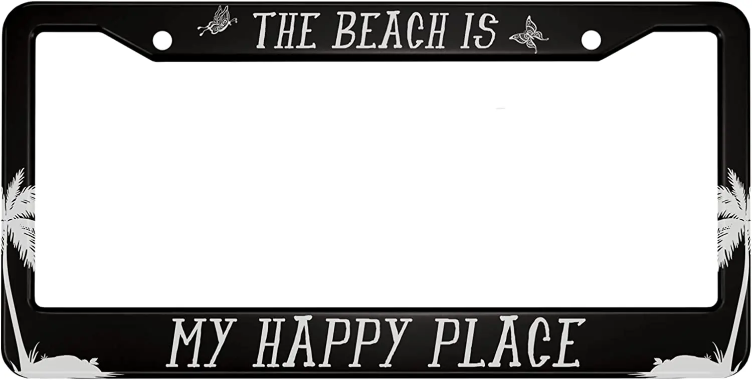 

The Beach Is My Happy Place Aluminum License Plate Frame Palm Tree and Flying Butterflies Applicable To US Standard Car 1PC