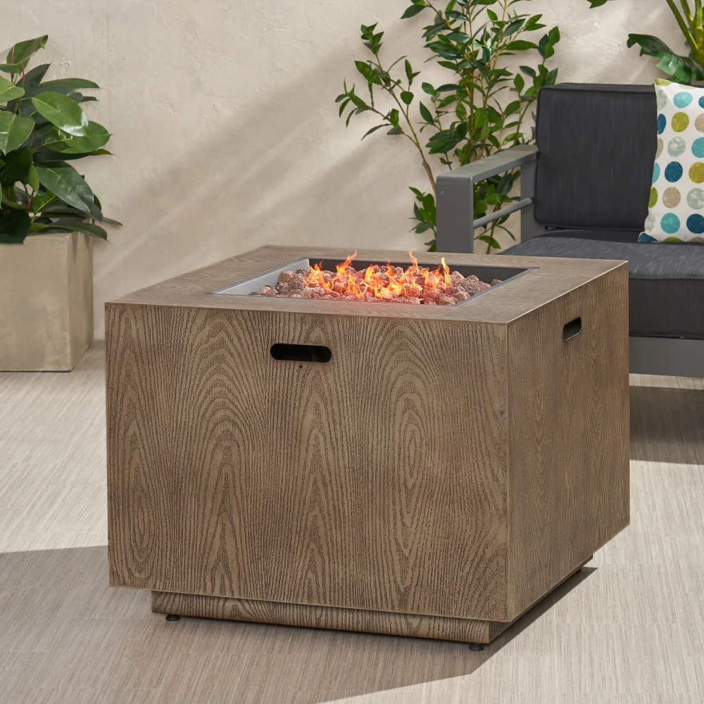 Outdoor Patio Gas Burning Fire Pit-50, 000 BTU Tank Inside, Square, Iron Wood Pattern, Brown