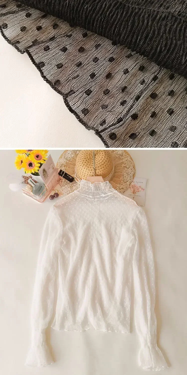 Blusa de verano con cuello alto y malla transparente para mujer, fina, ajustada, con encaje y mangas largas acampanadas