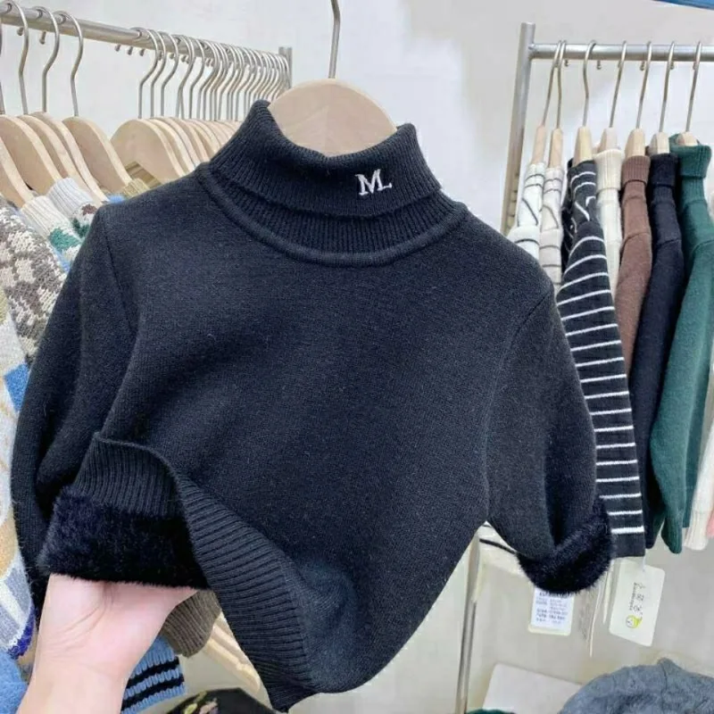 어린이용 하이넥 풀오버 긴팔 스웨터, 따뜻한 리넨 패션, 두꺼운 아동복, 단색 상의, 가을 겨울 패션