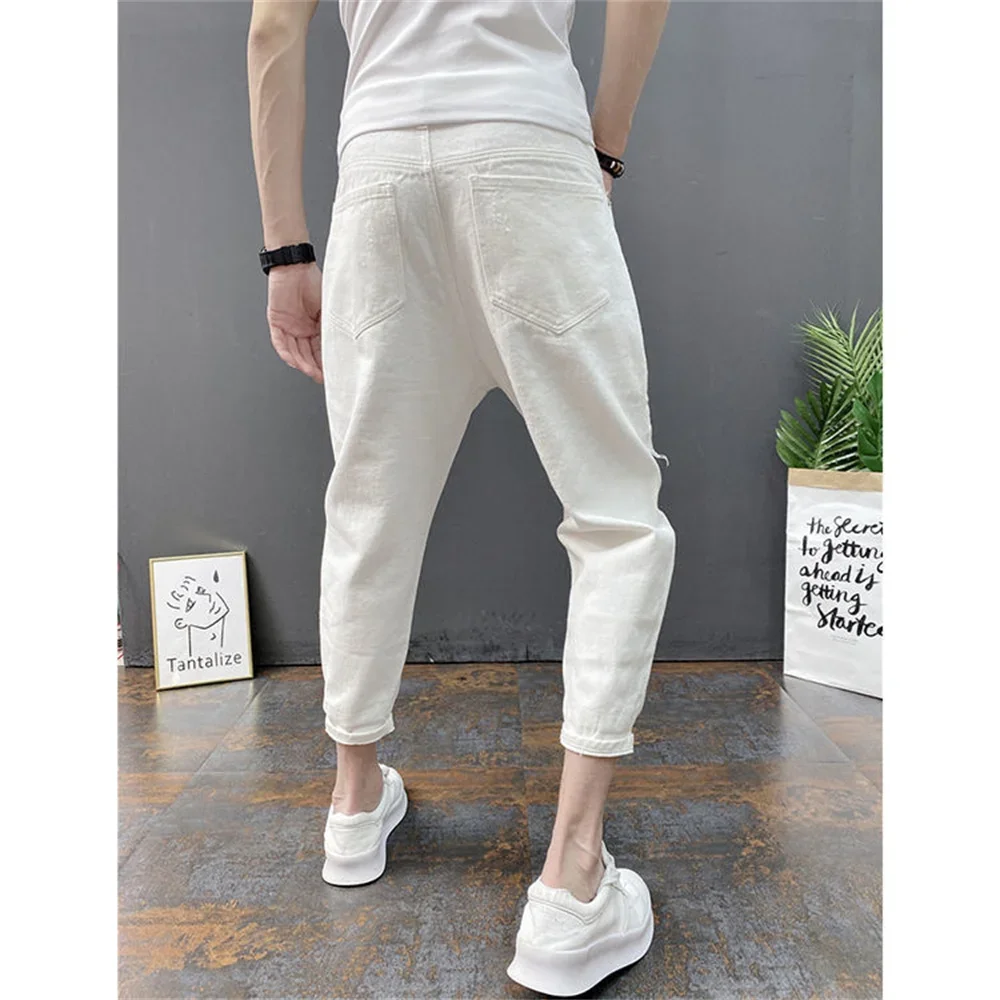 Japanese Trend New Men's Ripped Hole Jeans Solid Color Ankle Length Youth Fashion Loose Denim Harem Cargo Pants D96