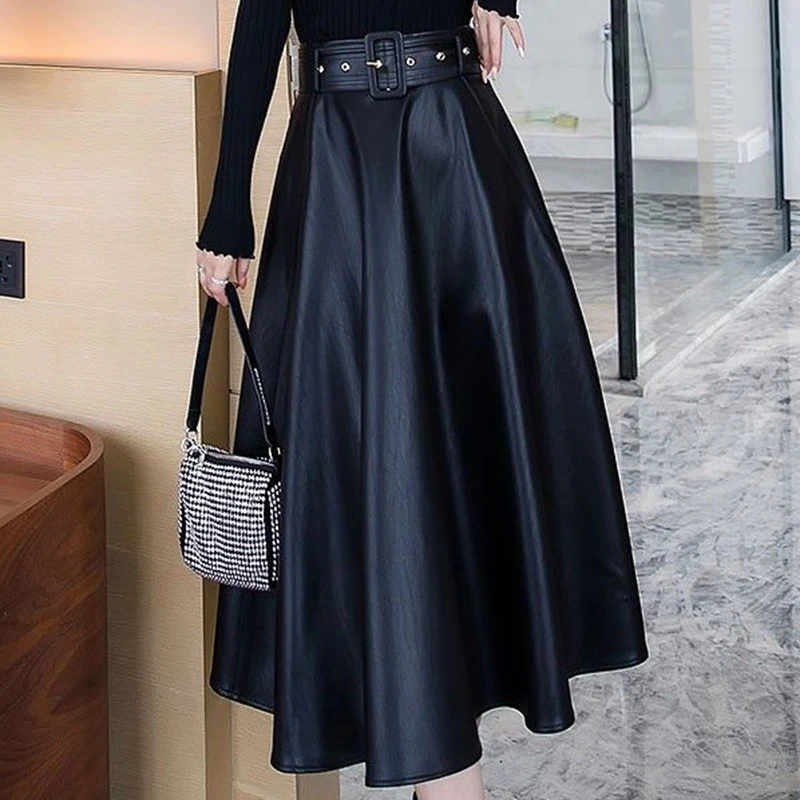 Leather half body mid to long length, 2024 spring slim, big swing A-line high waist umbrella autumn and winter half skirt