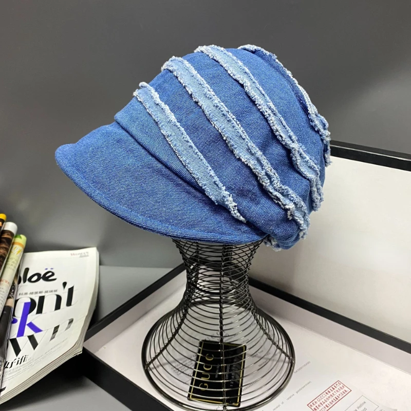 

2023 new washed denim cap female fashion casual splicing furred edge personality cap retro literary newsboy cap