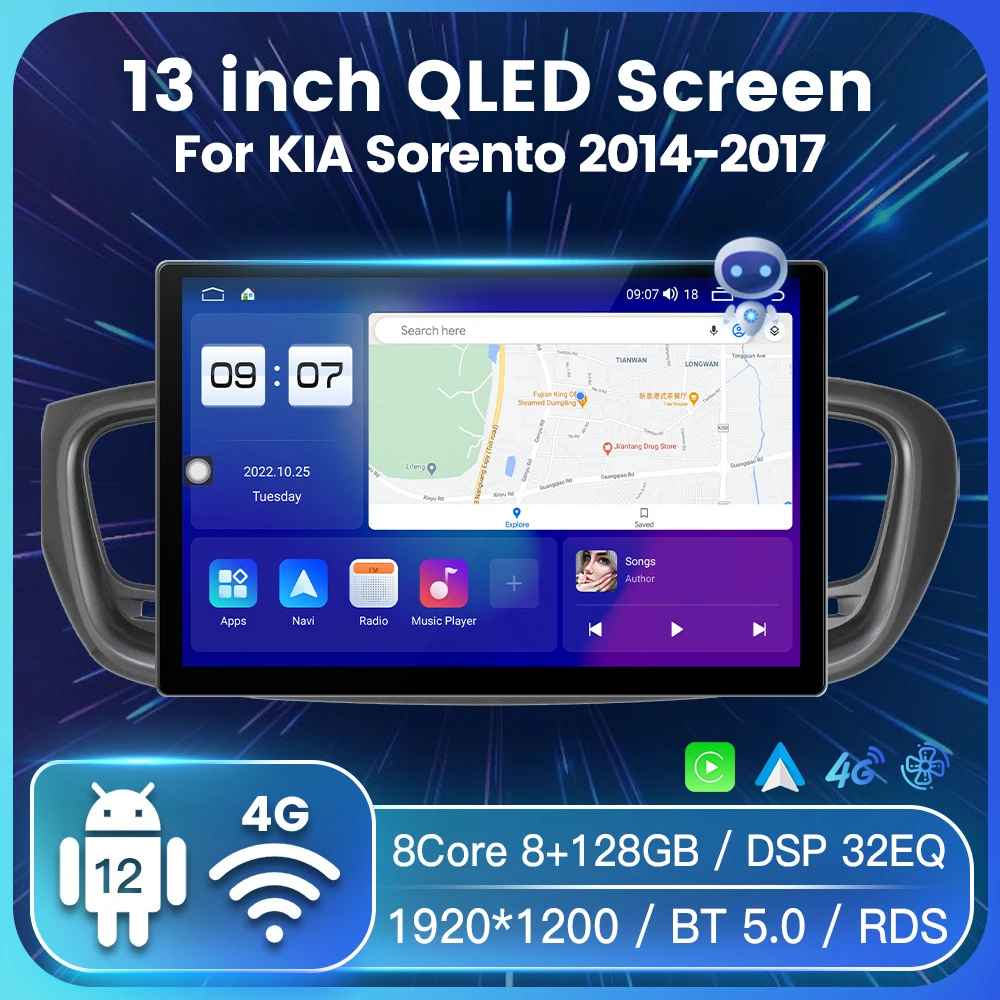 

2Din AI Voice Android 12 Car Radio GPS Multimedia Player For KIA Sorento 2014-2017 For Carplay Auto 4G LTE Wifi DSP RDS BT 2Din