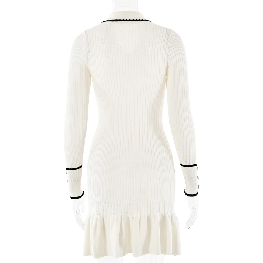 JULISSA MO Knitted Turn-down Collar Women Dress White Long Sleeve Single Breasted Dress Female Autumn Skinny Elegant Streetwear
