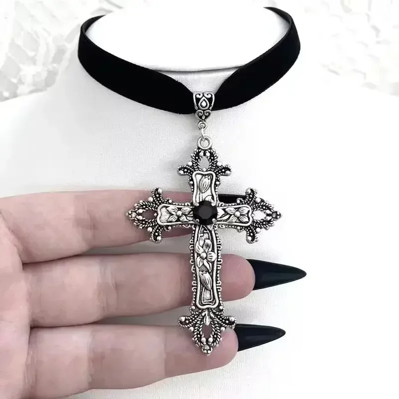 Cross Choker Vintage Antique Silver Color Black Rhinestone Gothic Black Rope Necklace Victorian-Themed Gatherings