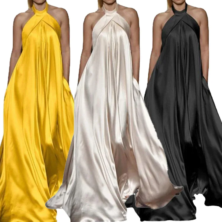 Women Dress Temperament Color Big Pendulum Sleeveless Hanging Neck Hollow Loose Fashion Solid Color Long Summer Banquet Dress