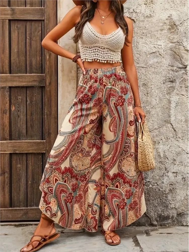 Plus Size Summer Bohemian Style Print Long Wide Leg Pant Women