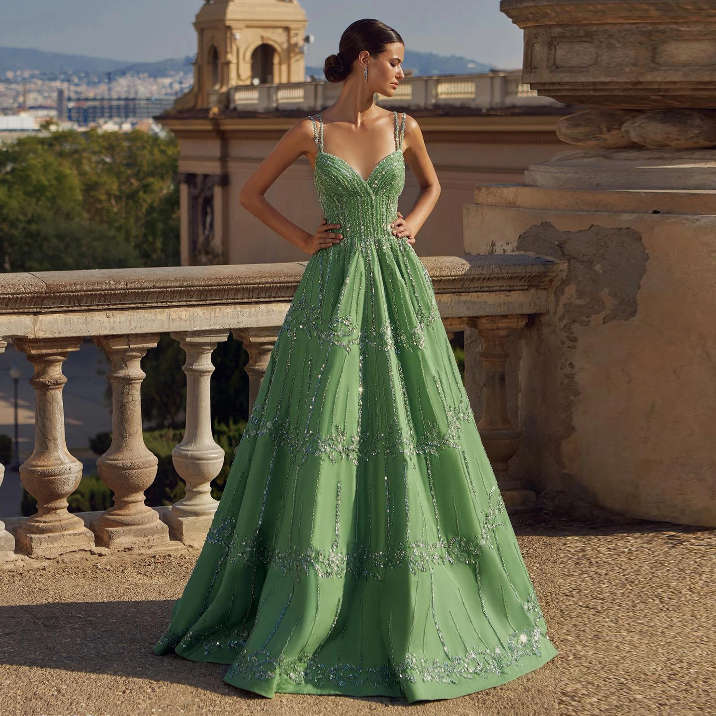 SHARON SAID Luxury Dubai Beaded Green Evening Dress