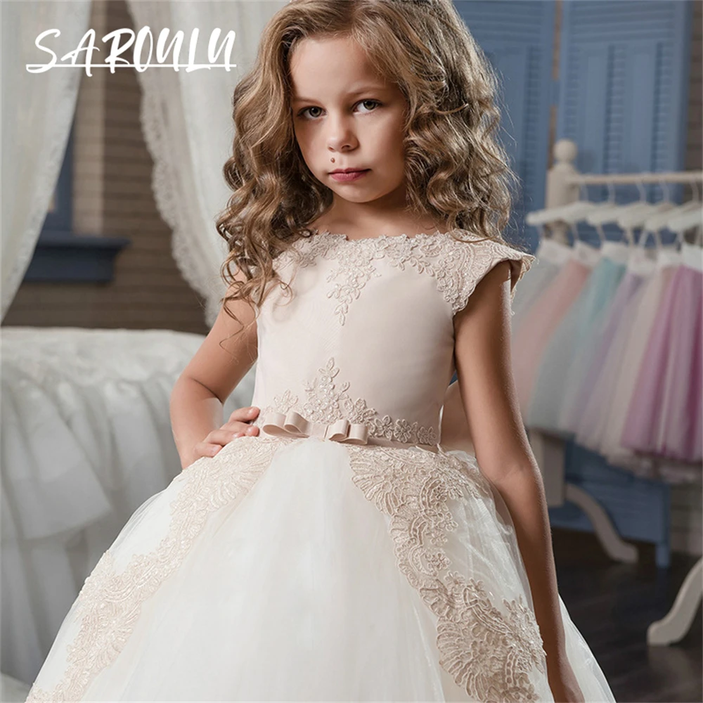 Classic Champagne Lace Ballgown Flower Girls Dress For Wedding Party Children Formal Prom Gown Sleeveless Princess Party Dresses