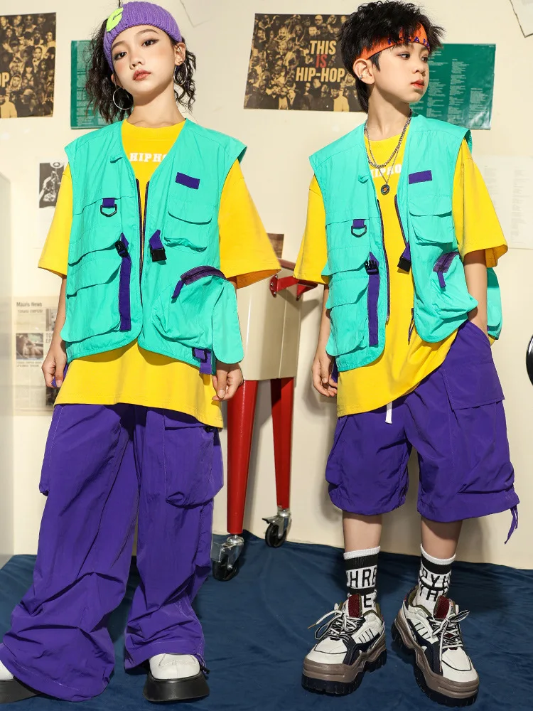 

Kid Hip Hop Clothing Oversize T Shirt Vest Top Purple Casual Pocket Cargo Pants Shorts for Girl Boy Jazz Dance Costume Clothes