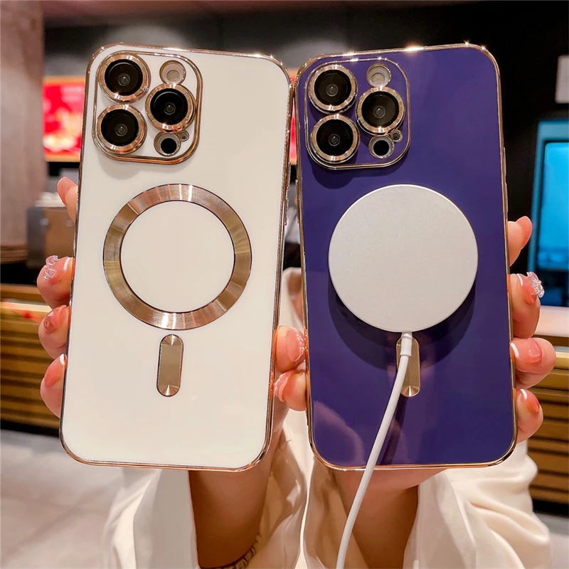 Plating Frame Phone Case iPhone 13 12 11 Pro Max 14 Plus For Magsafe Magnetic Wireless Charging Lens Protective_voghion.com