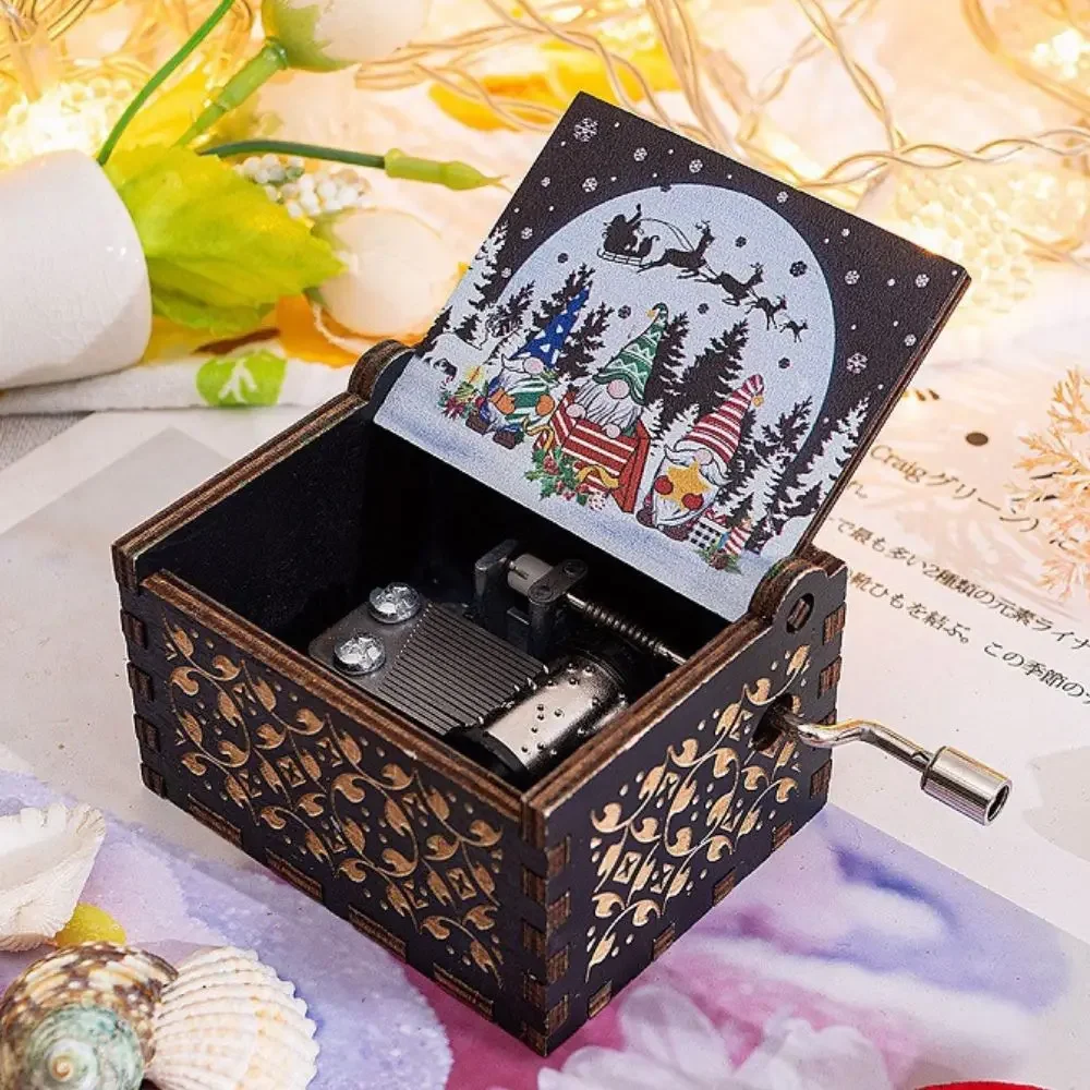Hot Christmas Theme Music Box Green Carving Wooden Hand Crank Music Box Santa Claus Home Decor New Year Christmas Gift 3