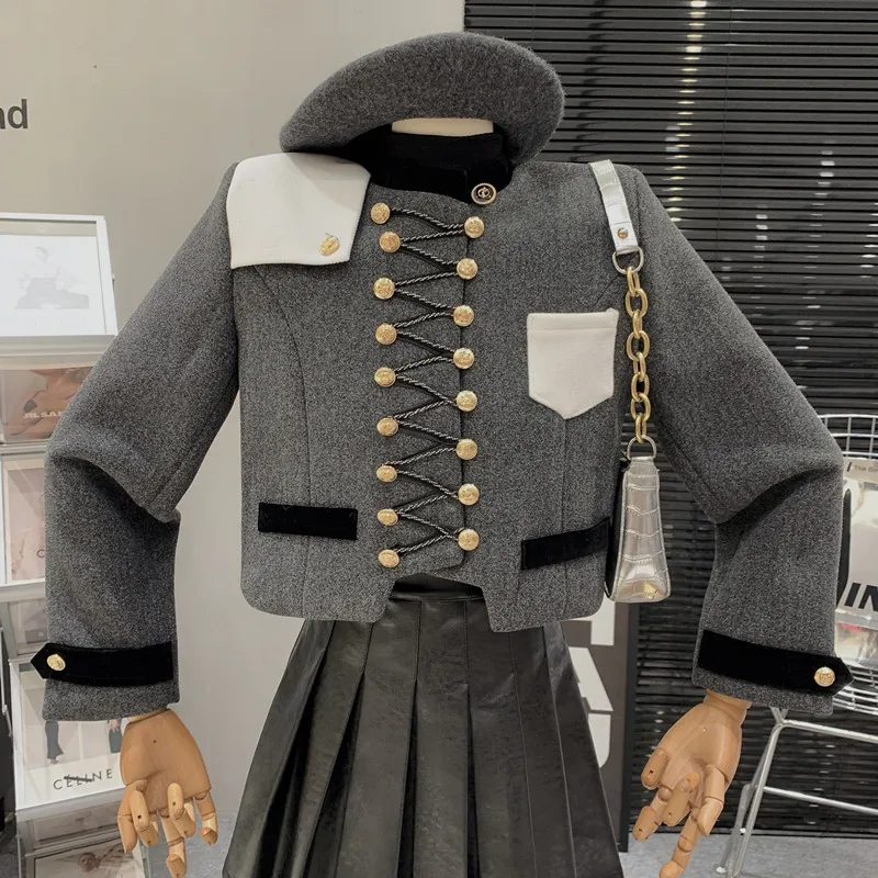 

Contrast color patchwork woolen short jacket high-end versatile long sleeved coat for women