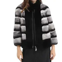 Contrasting colors striped rex rabbit fur lapel chinchilla coat with zipper 1907002