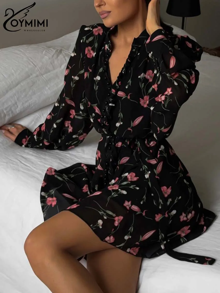 

Oymimi Casual Black Print Womens Dresses Summer Autumn Long Sleeve Single Breasted Dresses Elegant Lace-Up Mini Dress Streetwear