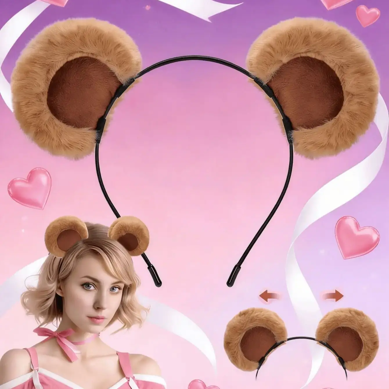 1 Stück Valentinstag-Stirnband mit braunen Bärenohren, niedlicher Plüschbären-Haarreifen mit beweglichen Ohren, perfekt für Make-up, Gesichtswaschtier