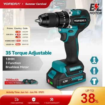 Yofidra 브러시리스 전기 임팩트 드릴, 무선 전기 스크루 드라이버, 마키타 18V 배터리용 DIY 전동 공구, 13mm, 35 + 3 토크