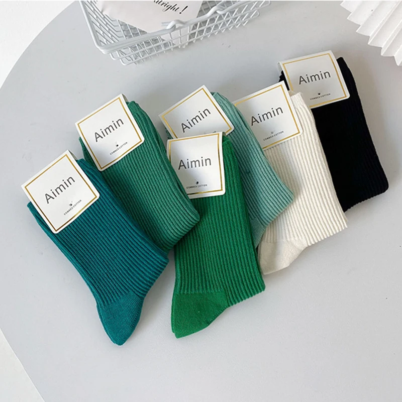 

Solid Cotton Socks Women Ins Green Long Socks lolita skateboard Femme Stripe Socks Ankle Dress Calcetine Medias skarpety zimowe